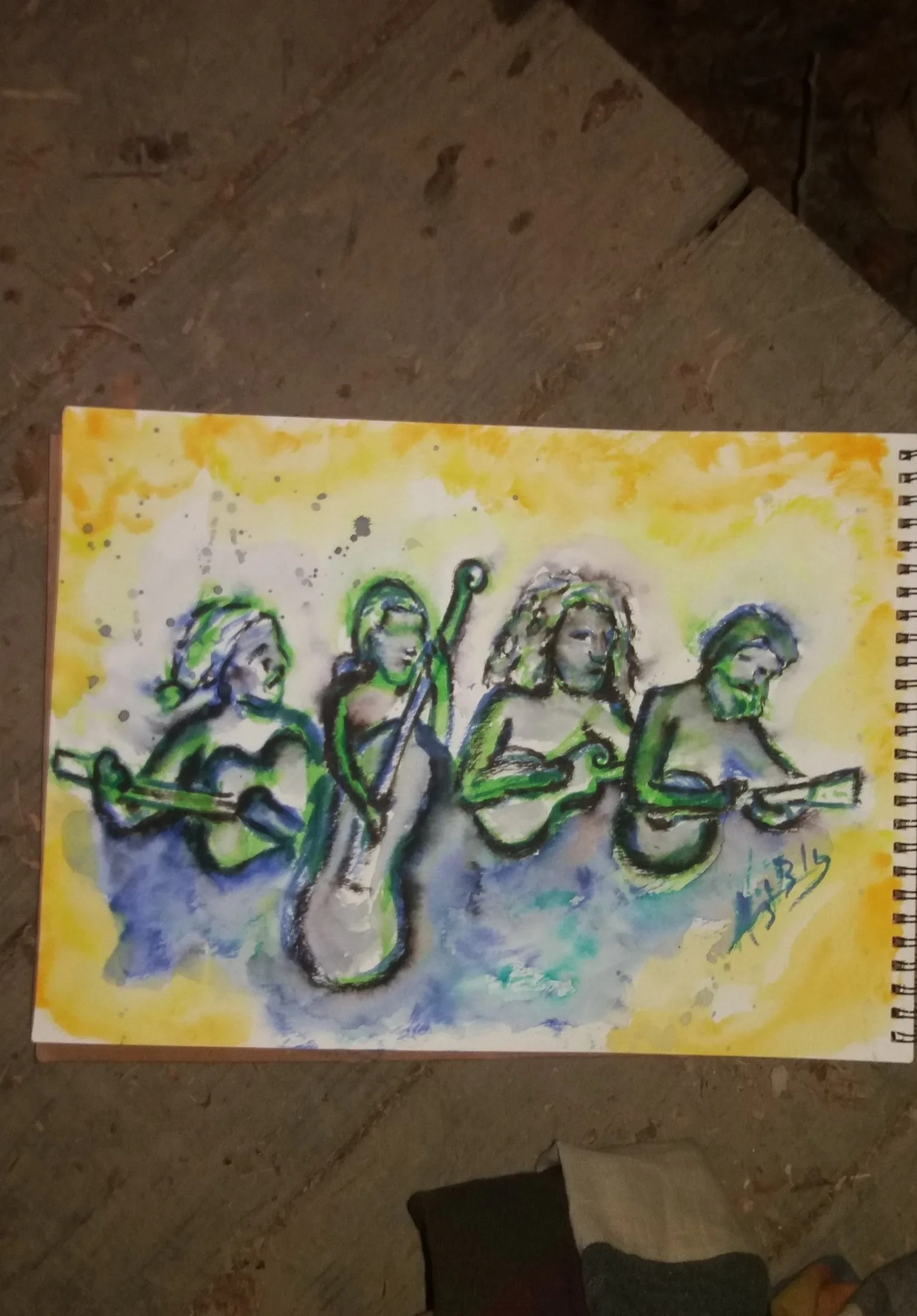 Watercolour of four seated musicians — guitar, upright bass, banjo and guitar — drawn in loose green and blue line over a washed yellow and violet ground.